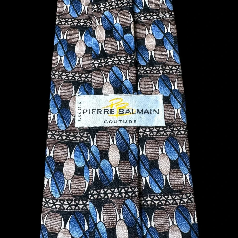 Pierre Balmain Couture Mens Silk Tie Blue Brown Geometric Abstract Pattern